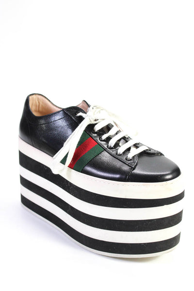 Gucci Womens Black Striped Wed Print Lace Up Peggy Platform Sneakers Shoes Size