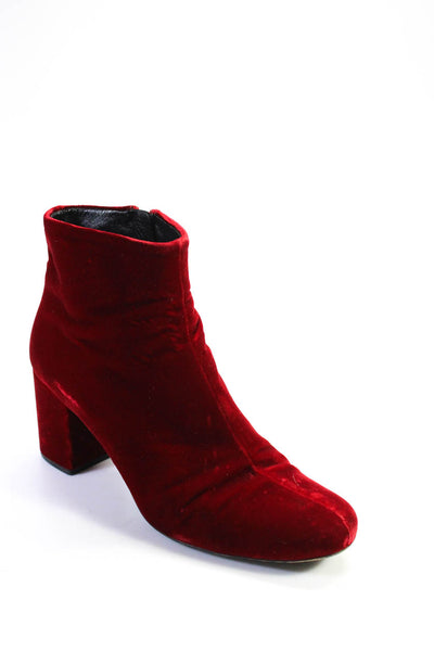Saint Laurent Womens Red Velour Blocked Heels Ankle Boots Shoes Size 8.5