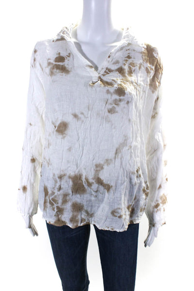 Luna Luz Womens Linen Tie Dye V-Neck Long Sleeve Tunic Top Blouse White Size M