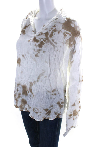 Luna Luz Womens Linen Tie Dye V-Neck Long Sleeve Tunic Top Blouse White Size M