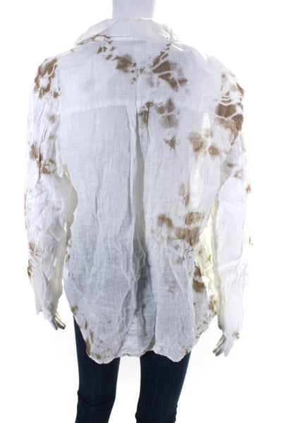 Luna Luz Womens Linen Tie Dye V-Neck Long Sleeve Tunic Top Blouse White Size M