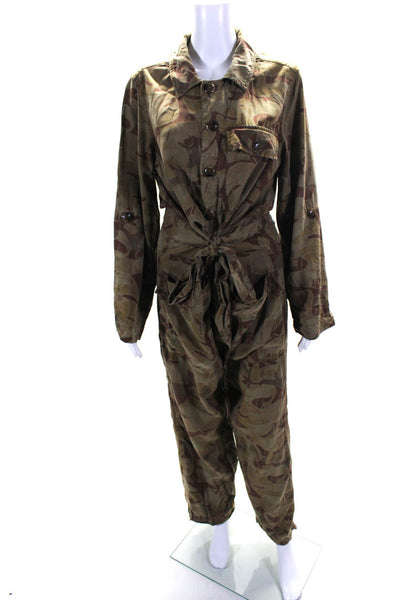 Le Superbe Womens Camouflage Print Belted Buttoned Jumpsuit Green Size 6