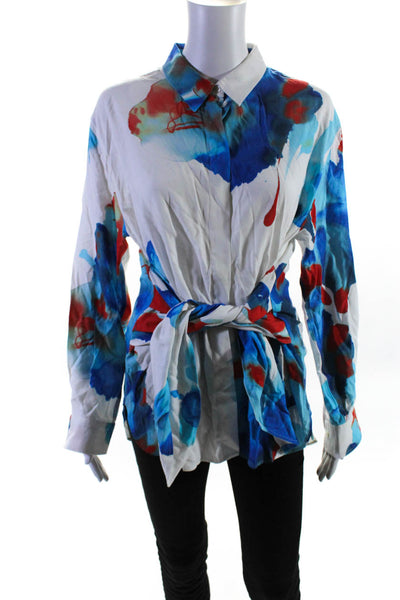 Bagutta Womens Satin Abstract Printed Collared Tie Back Blouse Top White Size XS