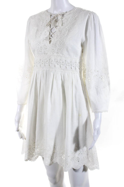 Ulla Johnson Womens Lace V Neck Lace Up Long Sleeved A Line Dress White Size 0