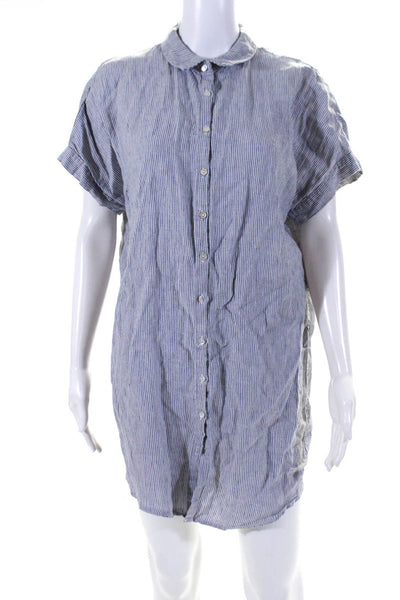Tahari Womens Short Sleeve Striped Mini Shirt Dress Blue White Linen Size Small