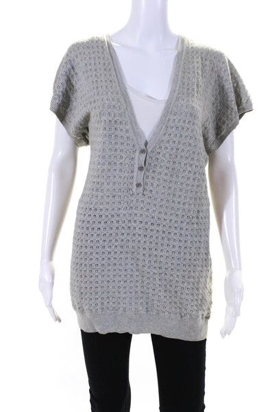 CO OP Barneys New York Womens Open Knit V Neck Shirt Gray Cotton Size Medium