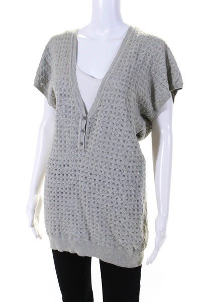 CO OP Barneys New York Womens Open Knit V Neck Shirt Gray Cotton Size Medium