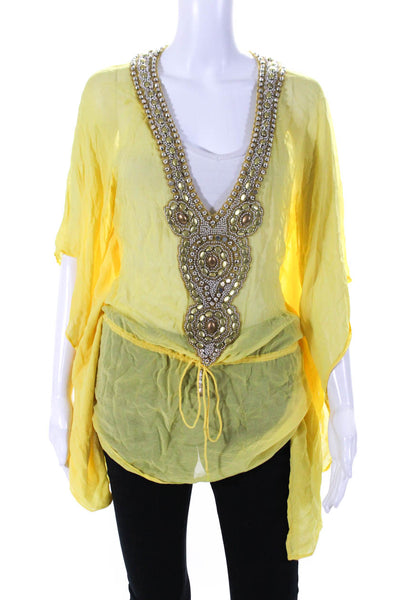 Sauvage Womens Half Sleeve Embellished V Neck Cover Up Silk Top Yellow Small