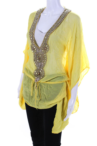 Sauvage Womens Half Sleeve Embellished V Neck Cover Up Silk Top Yellow Small