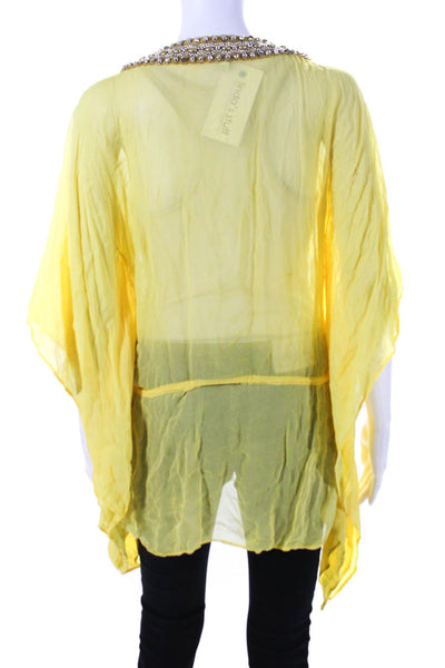 Sauvage Womens Half Sleeve Embellished V Neck Cover Up Silk Top Yellow Small