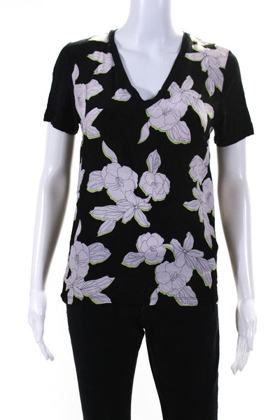 Paul Smith Black Womens Short Sleeve V Neck Floral Mix Media Shirt Black Small