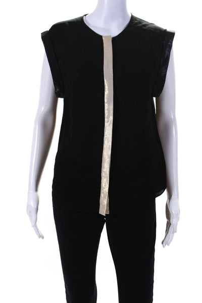 Parker Womens Button Front Metallic Trim Crew Neck Silk Top Black Size Small