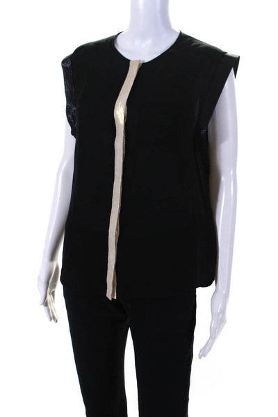 Parker Womens Button Front Metallic Trim Crew Neck Silk Top Black Size Small