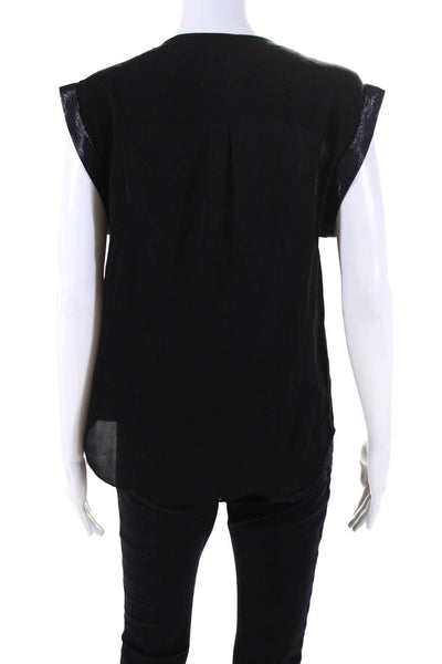 Parker Womens Button Front Metallic Trim Crew Neck Silk Top Black Size Small