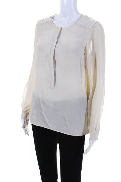 Reiss Womens Long Sleeve Fringe Trim Half Button Silk Shirt Beige Size 4