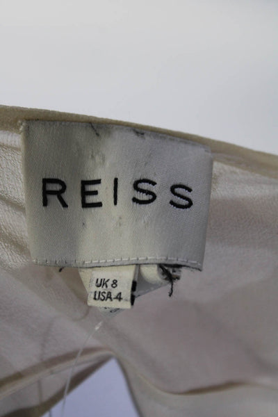 Reiss Womens Long Sleeve Fringe Trim Half Button Silk Shirt Beige Size 4