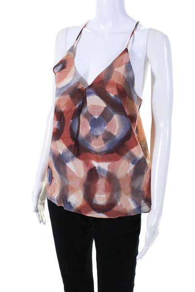 Alice + Olivia Womens Spaghetti Strap V Neck Silk Abstract Top Brown Red Medium