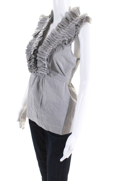 BCBGMAXAZRIA Womens Cotton Striped Ruffled V-Neck Sleeveless Blouse Gray Size S