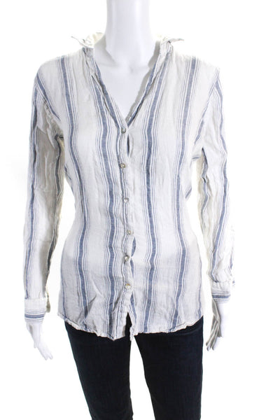 Rachel Zoe Womens Linen Striped Long Sleeve Button-Up Blouse Top White Size M