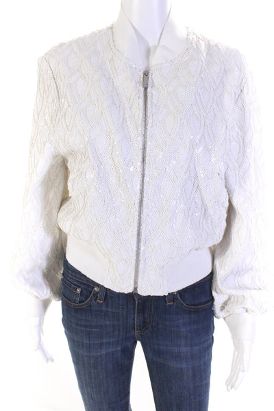 BCBG Max Azria Womens Sequined Zipped Textured Long Sleeve Jacket White Size XS