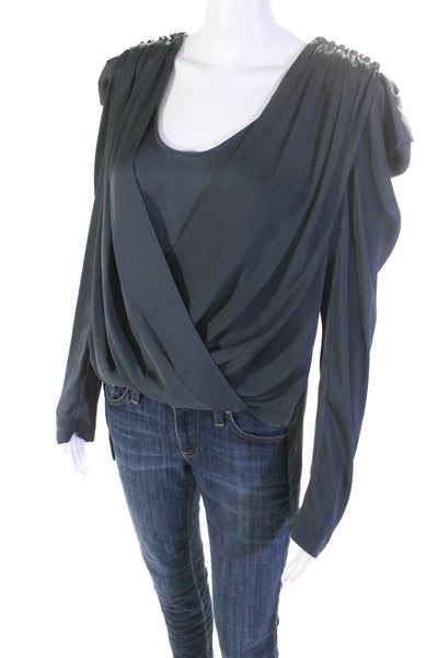 BCBG Max Azria Womens Bubble Hem High Low Pullover Pleated Blouse Gray Size S