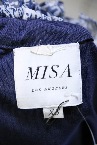 Misa Womens Blue White Printed V-Neck Tie Neck Sleeveless Mini Dress Size XS