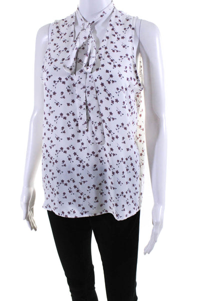 L'Academie Women's Floral Print Sleeveless Tie Neck Satin Blouse White Size S