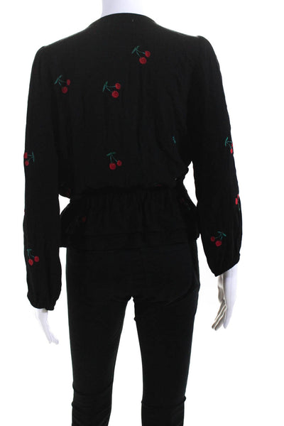 McGuire Women's Long Sleeve Cherry Embroidered V Neck Blouse Black Size S
