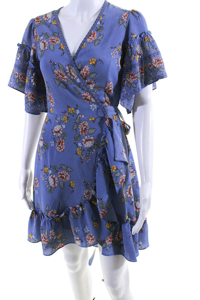 Max Studio Womens Short Sleeve Floral Mini Wrap Dress Blue Pink Yellow XS