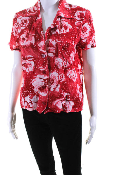 Reformation Womens Rose Print Short Sleeve Button Up Blouse Top Red Size S