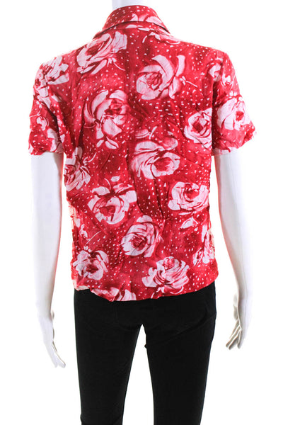 Reformation Womens Rose Print Short Sleeve Button Up Blouse Top Red Size S