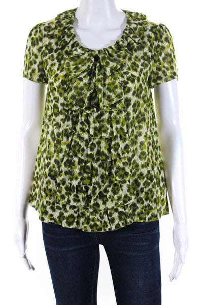 Kate Spade Womens Silk Animal Print Ruffled Back Buttoned Blouse Green Size XS