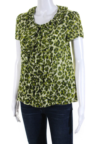 Kate Spade Womens Silk Animal Print Ruffled Back Buttoned Blouse Green Size XS