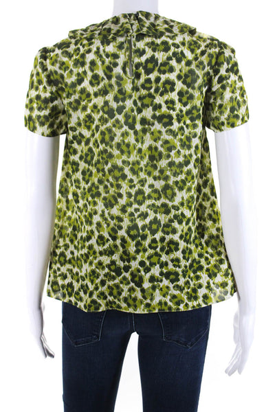 Kate Spade Womens Silk Animal Print Ruffled Back Buttoned Blouse Green Size XS