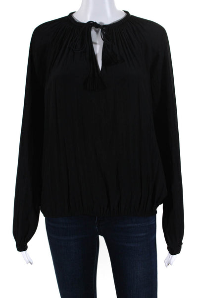 Ramy Brook Womens Key Hole Neck Long Sleeves Blouse Black Size Extra Small