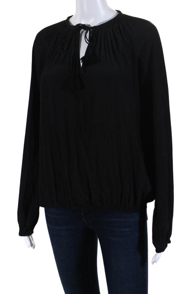 Ramy Brook Womens Key Hole Neck Long Sleeves Blouse Black Size Extra Small