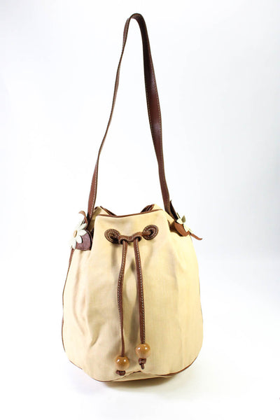 Moschino Bags Womens Leather Floral Drawstring Shoulder Handbag Beige Brown