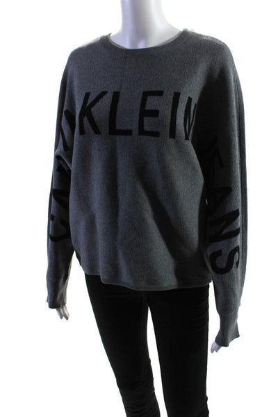 Calvin Klein Womens Cotton Knit Brand Print Batwing Cropped Sweater Gray Size S