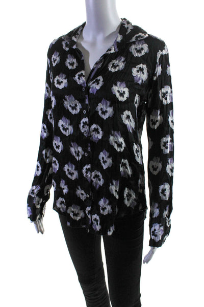 Cino Womens Satin Floral Print Collared Long Sleeve Button Up Shirt Black Size S