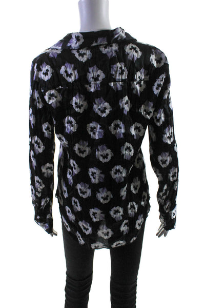 Cino Womens Satin Floral Print Collared Long Sleeve Button Up Shirt Black Size S