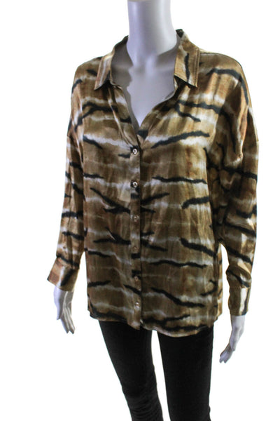 As by Df Womens Silk Charmeuse Abstract Print Button Down Blouse Brown Size XS
