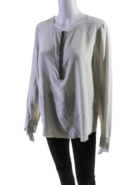 Go Silk Womens Silk Chiffon Beaded Placket Long Sleeve Blouse Top Gray Size S