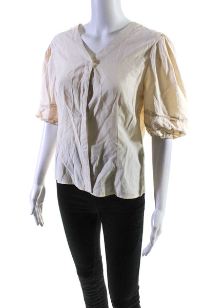 The Shirt Womens Puff Half Sleeve Button Down V-Neck Blouse Top Beige Size M