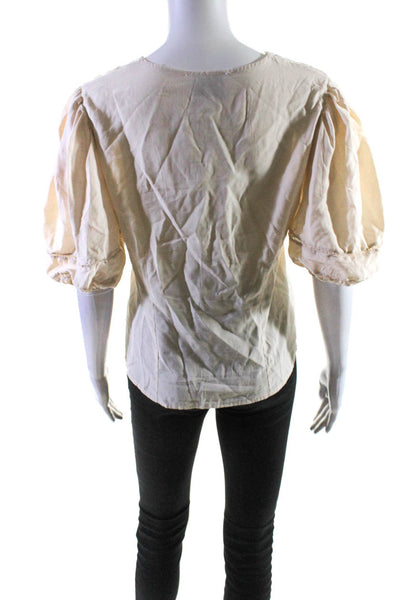 The Shirt Womens Puff Half Sleeve Button Down V-Neck Blouse Top Beige Size M