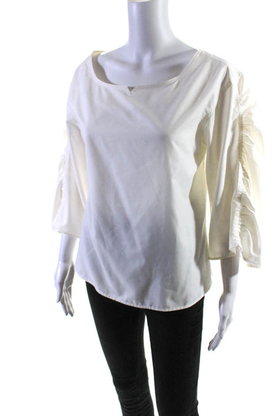 Jessie Liu Womens Cotton Ruched Bell Sleeve Boat Neck Blouse Top Ivory Size XS