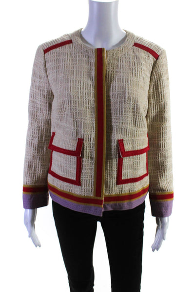 Tory Burch Womens Cotton Blend Round Neck Button Up Blazer Jacket Beige Size 12