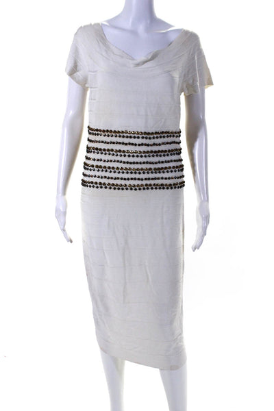 Herve Leger Womens Back Zip Ribbed Knit Studded Sheath Dress White Size Medium