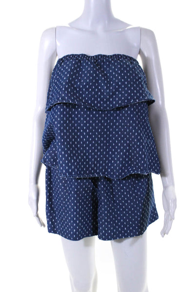 Club Monaco Womens Strapless Tiered Dotted Denim Romper Blue Cotton Size 6