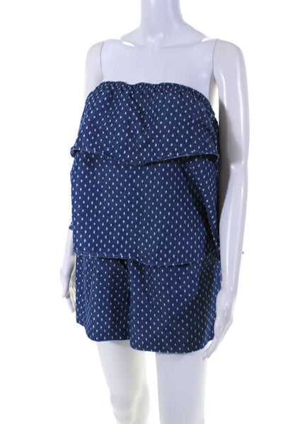 Club Monaco Womens Strapless Tiered Dotted Denim Romper Blue Cotton Size 6