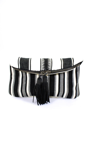 Mercado Global Womens Fabric Striped Tassel Zipper Clutch Handbag Cream Black